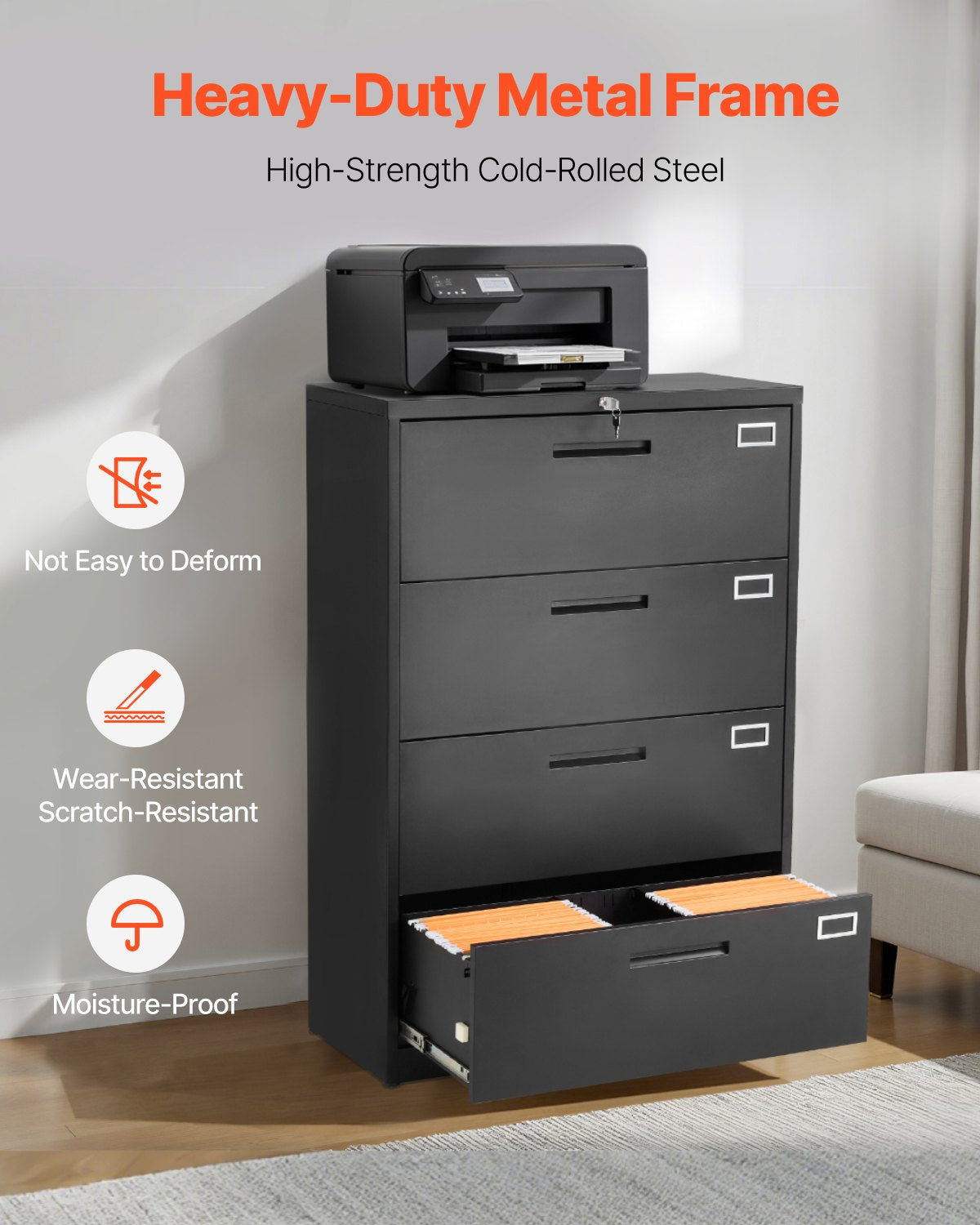 4 Drawers Metal File Cabinet, Vertical Filing Cabinet with Lock and Adjustable Hanging Rod, Tall Filing Storage Cabinets for Home and Office Fit Letter, A4, Legal Size File, Easy Assembly, Black