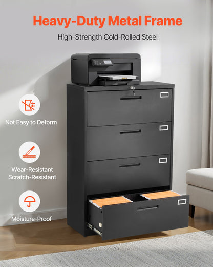 4 Drawers Metal File Cabinet, Vertical Filing Cabinet with Lock and Adjustable Hanging Rod, Tall Filing Storage Cabinets for Home and Office Fit Letter, A4, Legal Size File, Easy Assembly, Black