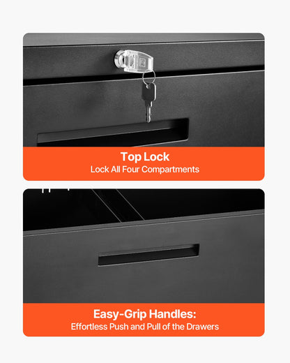 4 Drawers Metal File Cabinet, Vertical Filing Cabinet with Lock and Adjustable Hanging Rod, Tall Filing Storage Cabinets for Home and Office Fit Letter, A4, Legal Size File, Easy Assembly, Black
