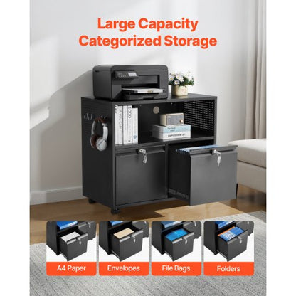 Metallschrank mit 2 Schubladen, Schloss und Kleiderstange, schwarz