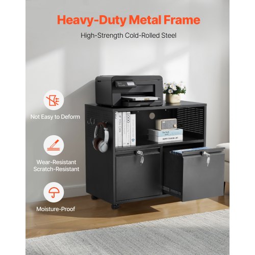 Metallschrank mit 2 Schubladen, Schloss und Kleiderstange, schwarz