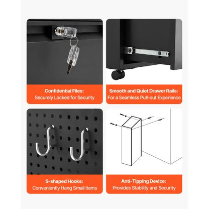 Metallschrank mit 2 Schubladen, Schloss und Kleiderstange, schwarz