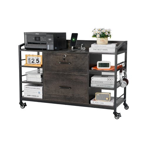 2 Drawers Metal File Cabinet, Lateral Filing Cabinet with Lock and 6 Open Shelves, Wooden Wide Filing Storage Cabinets with Power Strip for Letter, A4, Legal Size File, Easy Assembly, Gray