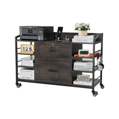 2 Drawers Metal File Cabinet, Lateral Filing Cabinet with Lock and 6 Open Shelves, Wooden Wide Filing Storage Cabinets with Power Strip for Letter, A4, Legal Size File, Easy Assembly, Gray
