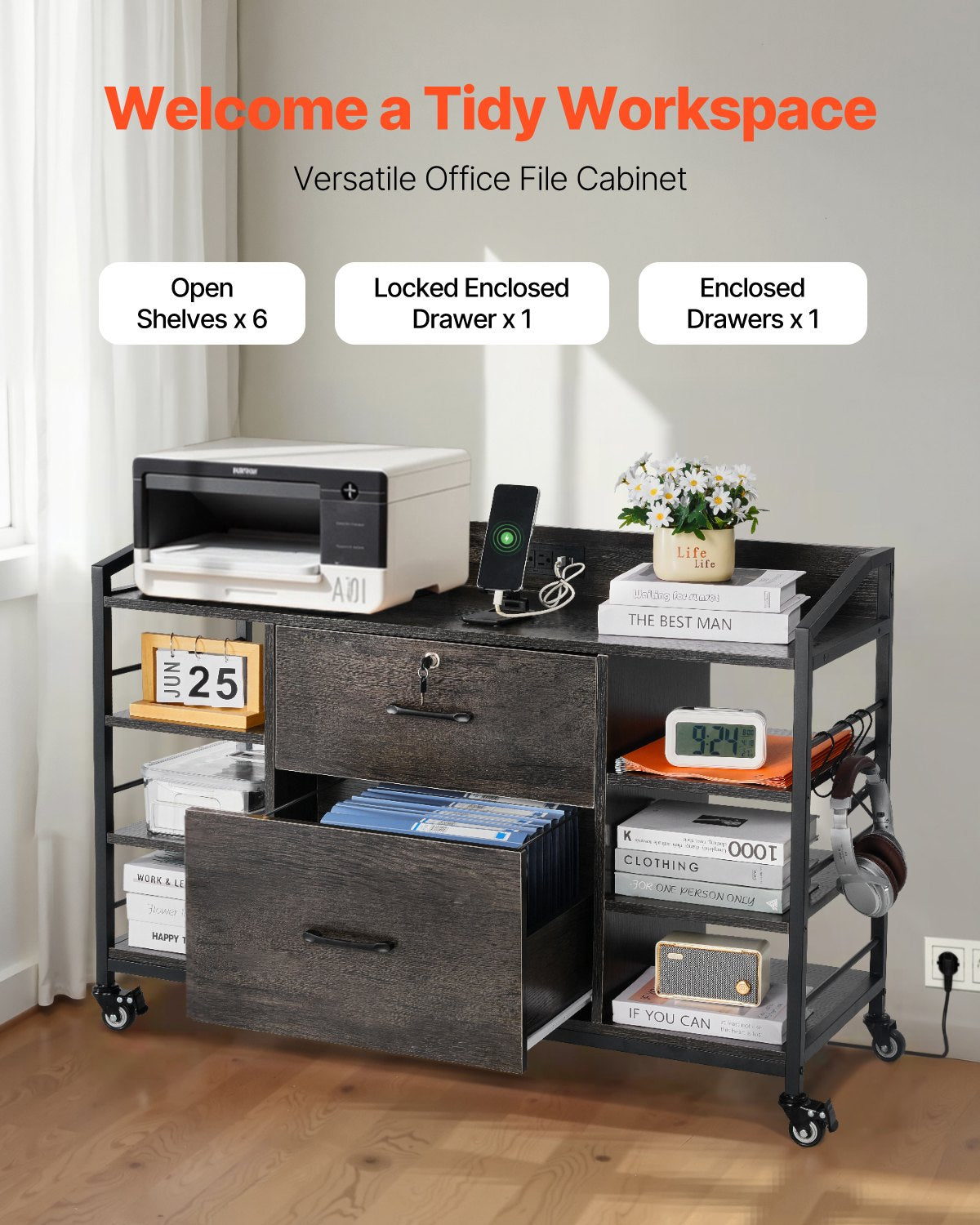 2 Drawers Metal File Cabinet, Lateral Filing Cabinet with Lock and 6 Open Shelves, Wooden Wide Filing Storage Cabinets with Power Strip for Letter, A4, Legal Size File, Easy Assembly, Gray