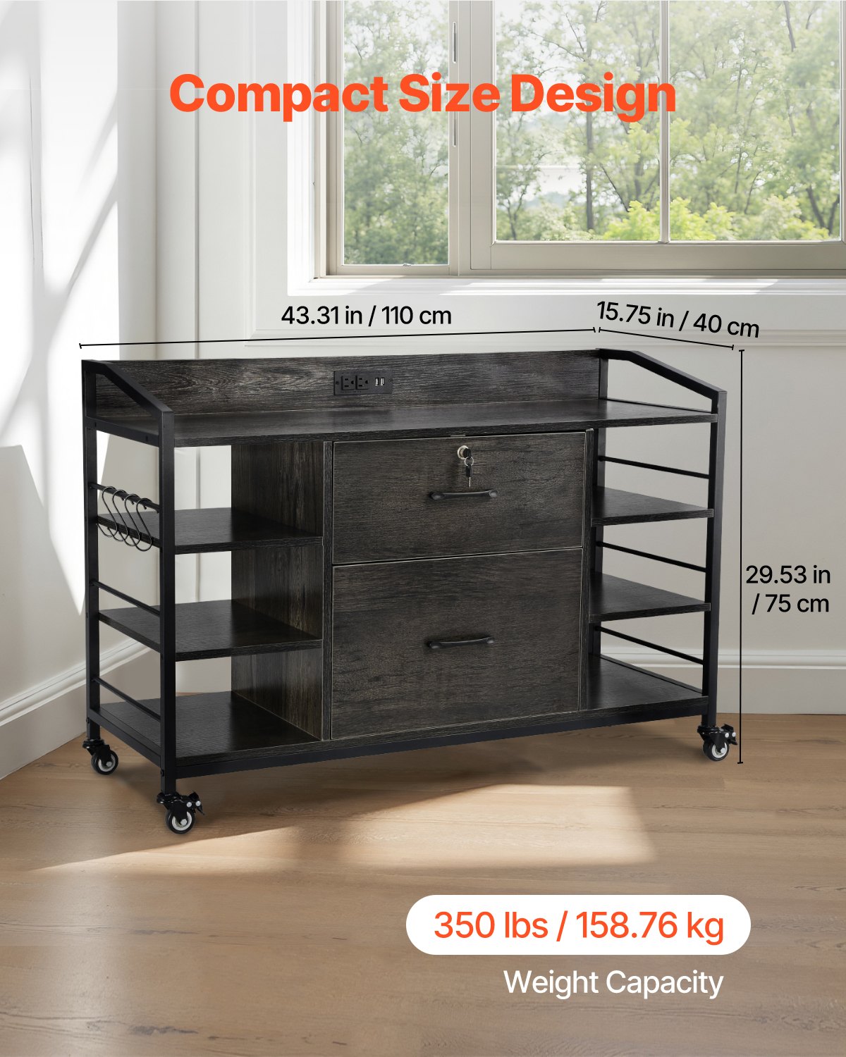 2 Drawers Metal File Cabinet, Lateral Filing Cabinet with Lock and 6 Open Shelves, Wooden Wide Filing Storage Cabinets with Power Strip for Letter, A4, Legal Size File, Easy Assembly, Gray