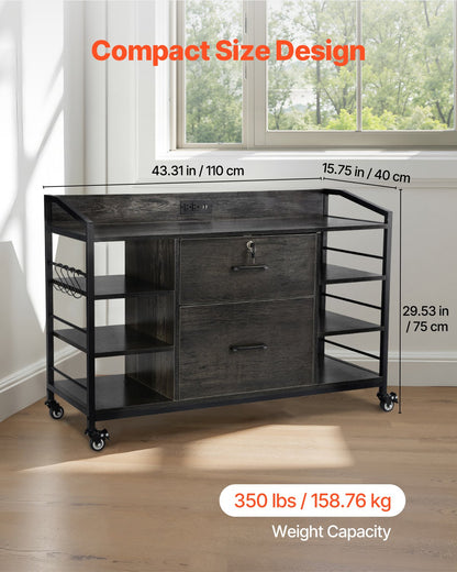 2 Drawers Metal File Cabinet, Lateral Filing Cabinet with Lock and 6 Open Shelves, Wooden Wide Filing Storage Cabinets with Power Strip for Letter, A4, Legal Size File, Easy Assembly, Gray