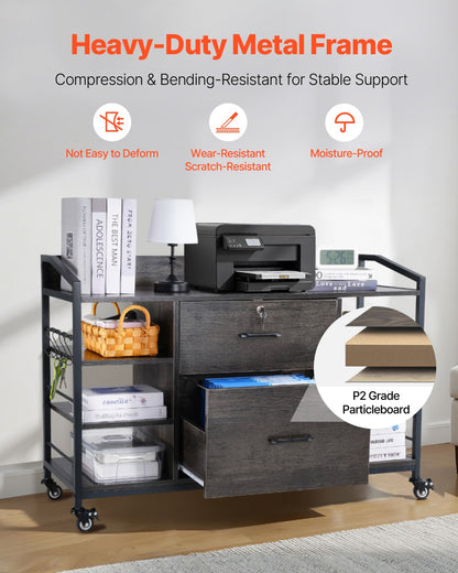 2 Drawers Metal File Cabinet, Lateral Filing Cabinet with Lock and 6 Open Shelves, Wooden Wide Filing Storage Cabinets with Power Strip for Letter, A4, Legal Size File, Easy Assembly, Gray