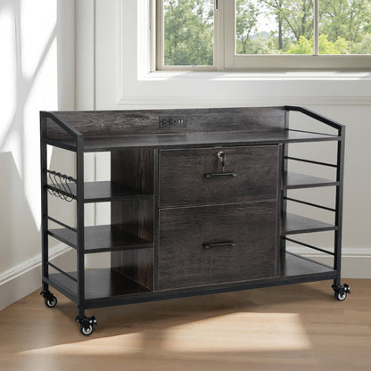 2 Drawers Metal File Cabinet, Lateral Filing Cabinet with Lock and 6 Open Shelves, Wooden Wide Filing Storage Cabinets with Power Strip for Letter, A4, Legal Size File, Easy Assembly, Gray