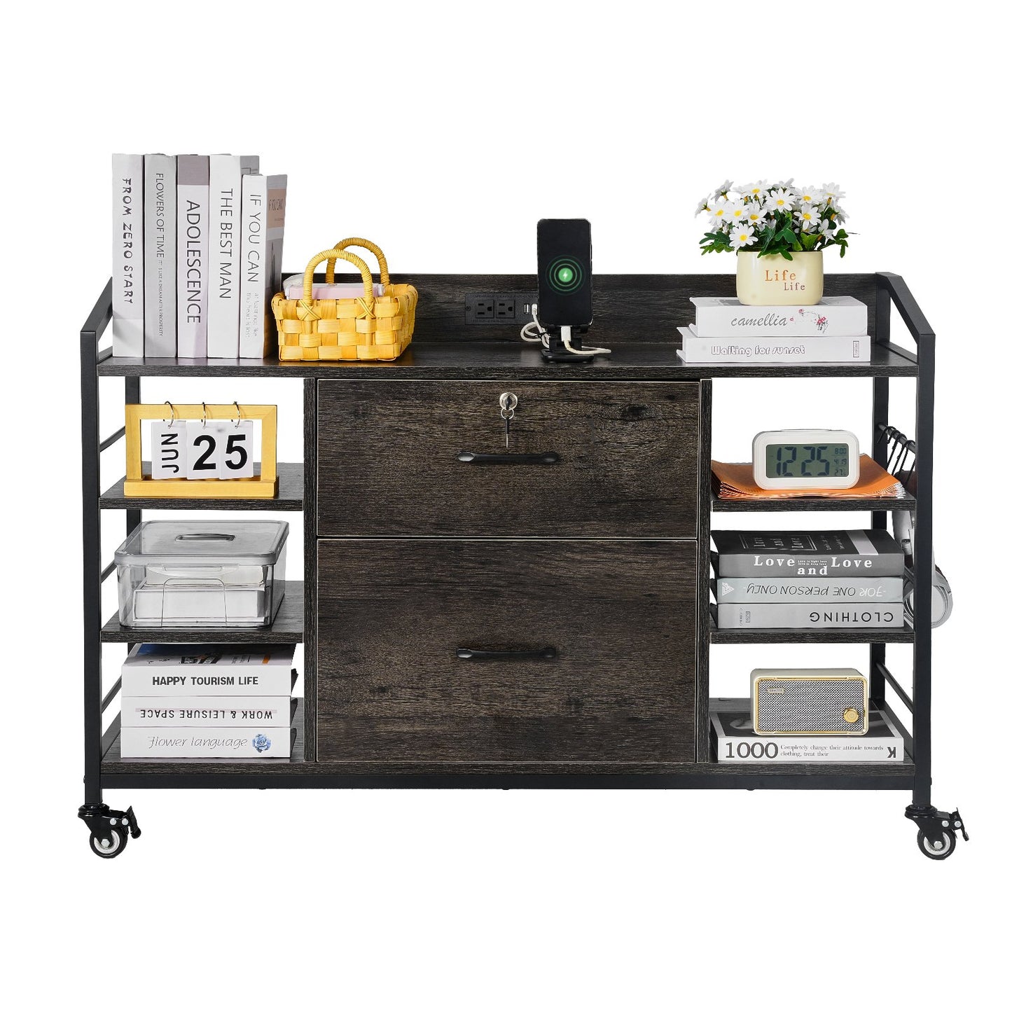 2 Drawers Metal File Cabinet, Lateral Filing Cabinet with Lock and 6 Open Shelves, Wooden Wide Filing Storage Cabinets with Power Strip for Letter, A4, Legal Size File, Easy Assembly, Gray