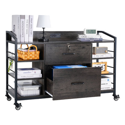 2 Drawers Metal File Cabinet, Lateral Filing Cabinet with Lock and 6 Open Shelves, Wooden Wide Filing Storage Cabinets with Power Strip for Letter, A4, Legal Size File, Easy Assembly, Gray