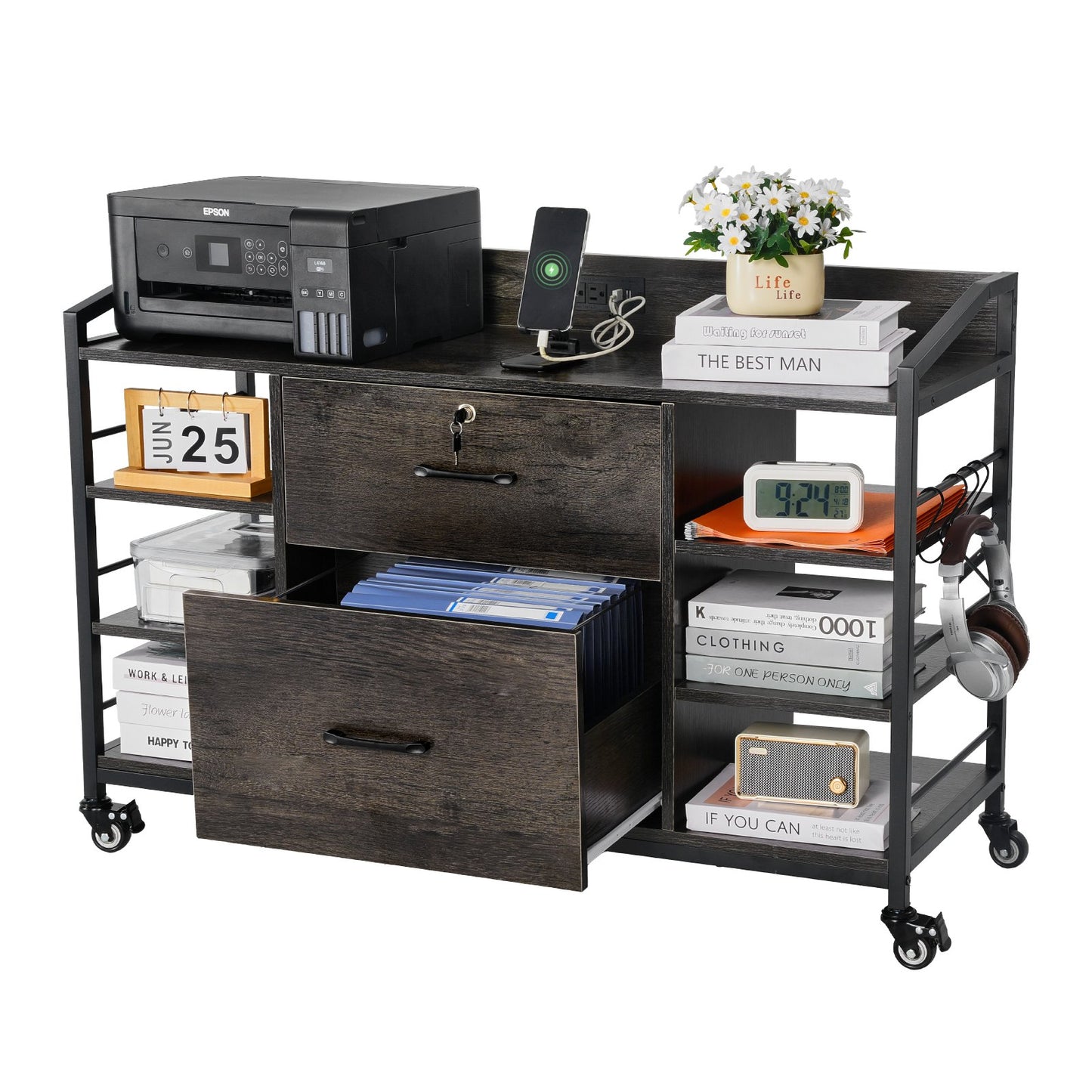 2 Drawers Metal File Cabinet, Lateral Filing Cabinet with Lock and 6 Open Shelves, Wooden Wide Filing Storage Cabinets with Power Strip for Letter, A4, Legal Size File, Easy Assembly, Gray