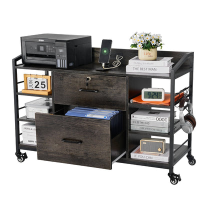 2 Drawers Metal File Cabinet, Lateral Filing Cabinet with Lock and 6 Open Shelves, Wooden Wide Filing Storage Cabinets with Power Strip for Letter, A4, Legal Size File, Easy Assembly, Gray