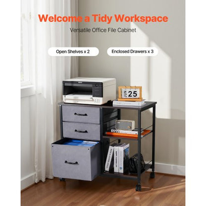 Mobiler Metall-Aktenschrank mit 3 Stoffschubladen und 2 offenen Regalen, braun