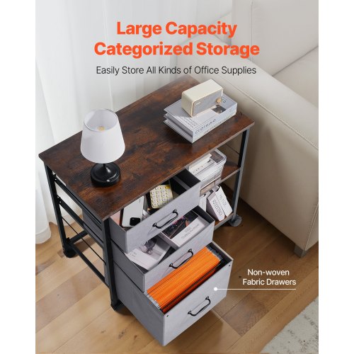 Mobiler Metall-Aktenschrank mit 3 Stoffschubladen und 2 offenen Regalen, braun