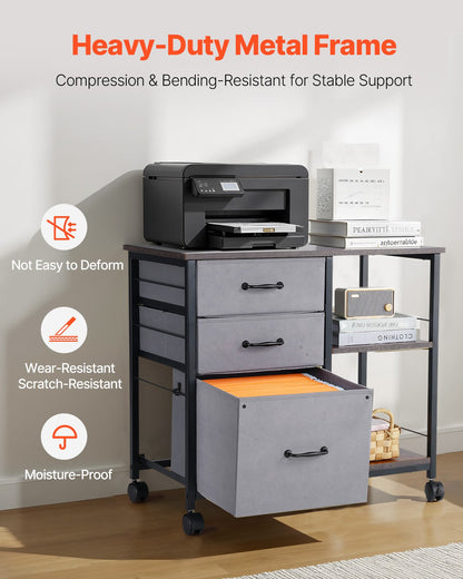 Metal File Cabinet, Mobile Filing Cabinet with 3 Fabric Drawers and 2 Open Shelves, Wooden Vertical Filing Storage Cabinets with Wheels for Letter, A4, Legal Size File, Easy Assembly, Brown