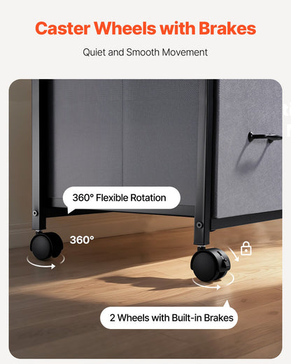 Metal File Cabinet, Mobile Filing Cabinet with 3 Fabric Drawers and 2 Open Shelves, Wooden Vertical Filing Storage Cabinets with Wheels for Letter, A4, Legal Size File, Easy Assembly, Brown