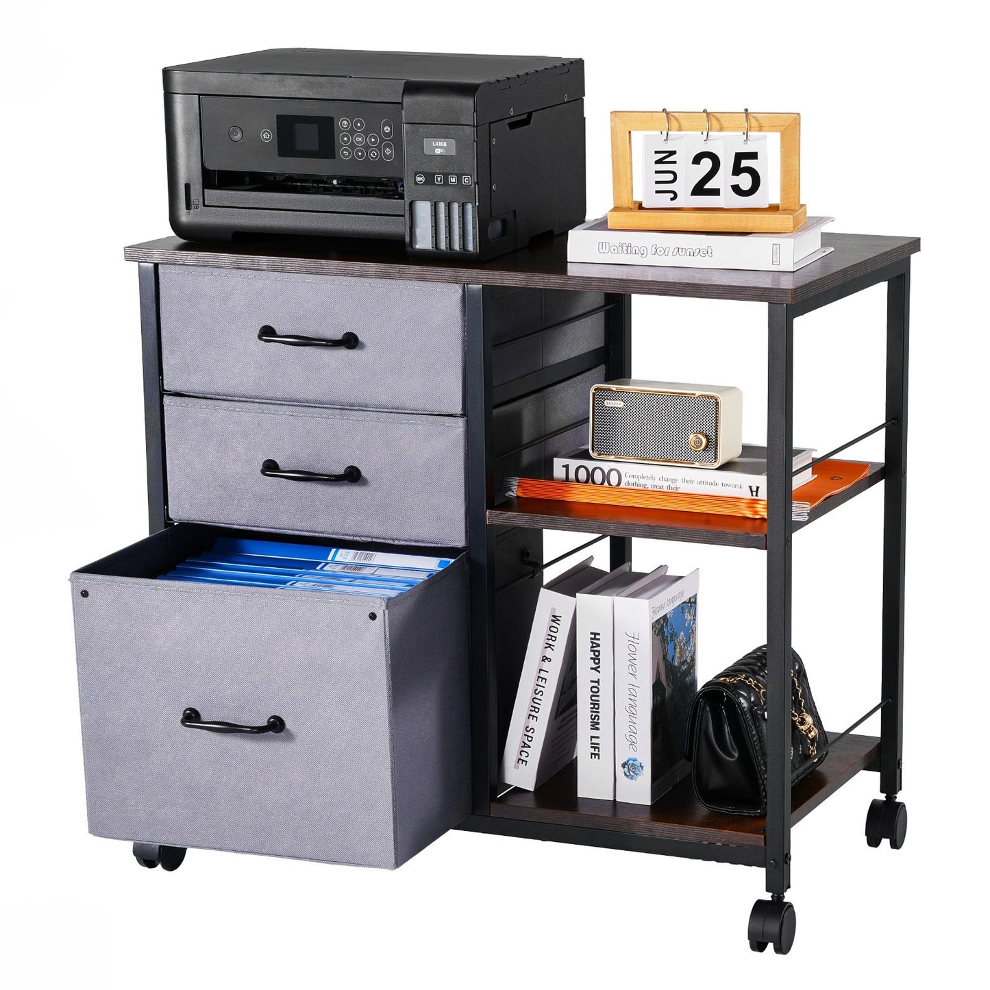 Metal File Cabinet, Mobile Filing Cabinet with 3 Fabric Drawers and 2 Open Shelves, Wooden Vertical Filing Storage Cabinets with Wheels for Letter, A4, Legal Size File, Easy Assembly, Brown