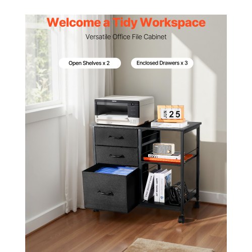 Mobilt arkivskåp i metall med 3 tyglådor och 2 öppna hyllor svart