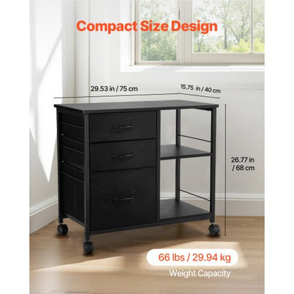 Mobilt arkivskåp i metall med 3 tyglådor och 2 öppna hyllor svart