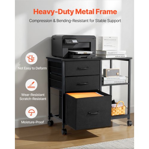 Mobilt arkivskåp i metall med 3 tyglådor och 2 öppna hyllor svart