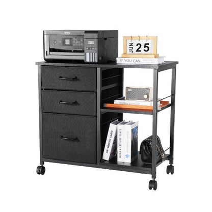 Metal File Cabinet, Mobile Filing Cabinet with 3 Fabric Drawers and 2 Open Shelves, Wooden Vertical Filing Storage Cabinets with Wheels for Letter, A4, Legal Size File, Easy Assembly, Black