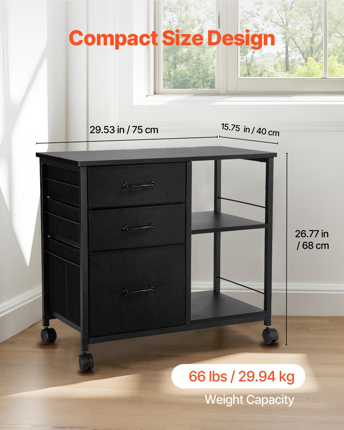 Metal File Cabinet, Mobile Filing Cabinet with 3 Fabric Drawers and 2 Open Shelves, Wooden Vertical Filing Storage Cabinets with Wheels for Letter, A4, Legal Size File, Easy Assembly, Black