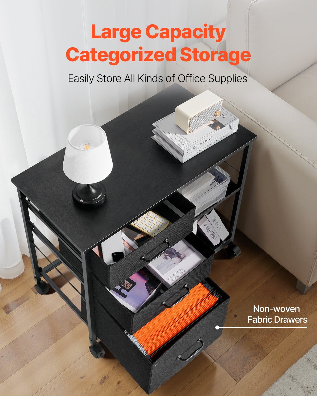 Metal File Cabinet, Mobile Filing Cabinet with 3 Fabric Drawers and 2 Open Shelves, Wooden Vertical Filing Storage Cabinets with Wheels for Letter, A4, Legal Size File, Easy Assembly, Black