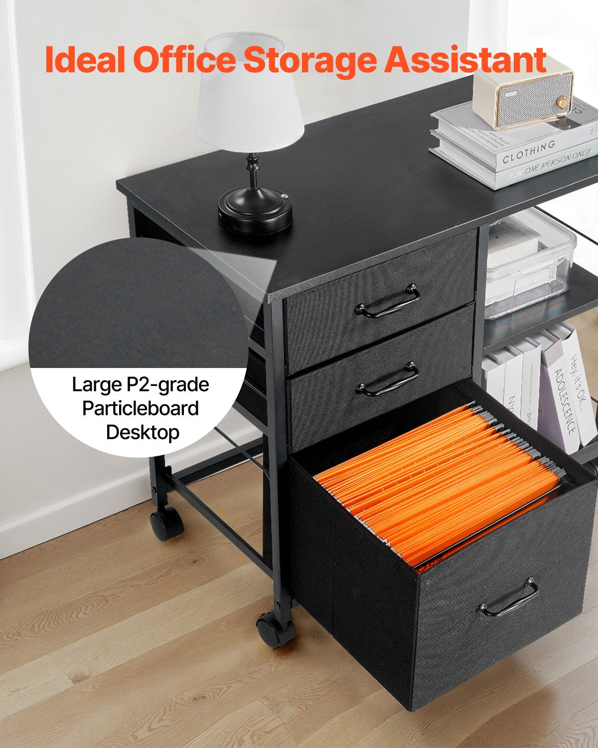 Metal File Cabinet, Mobile Filing Cabinet with 3 Fabric Drawers and 2 Open Shelves, Wooden Vertical Filing Storage Cabinets with Wheels for Letter, A4, Legal Size File, Easy Assembly, Black