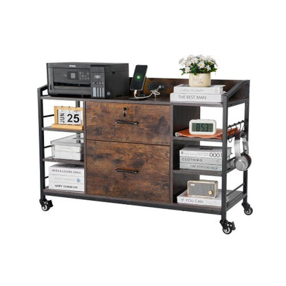 2 Drawers Metal File Cabinet, Lateral Filing Cabinet with Lock and 6 Open Shelves, Wooden Wide Filing Storage Cabinets with Power Strip for Letter, A4, Legal Size File, Easy Assembly, Brown