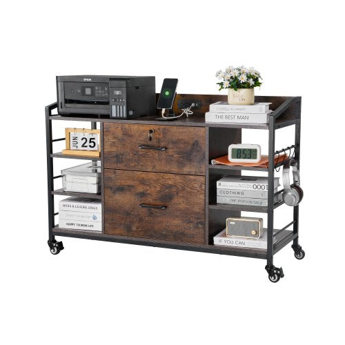 2 Drawers Metal File Cabinet, Lateral Filing Cabinet with Lock and 6 Open Shelves, Wooden Wide Filing Storage Cabinets with Power Strip for Letter, A4, Legal Size File, Easy Assembly, Brown