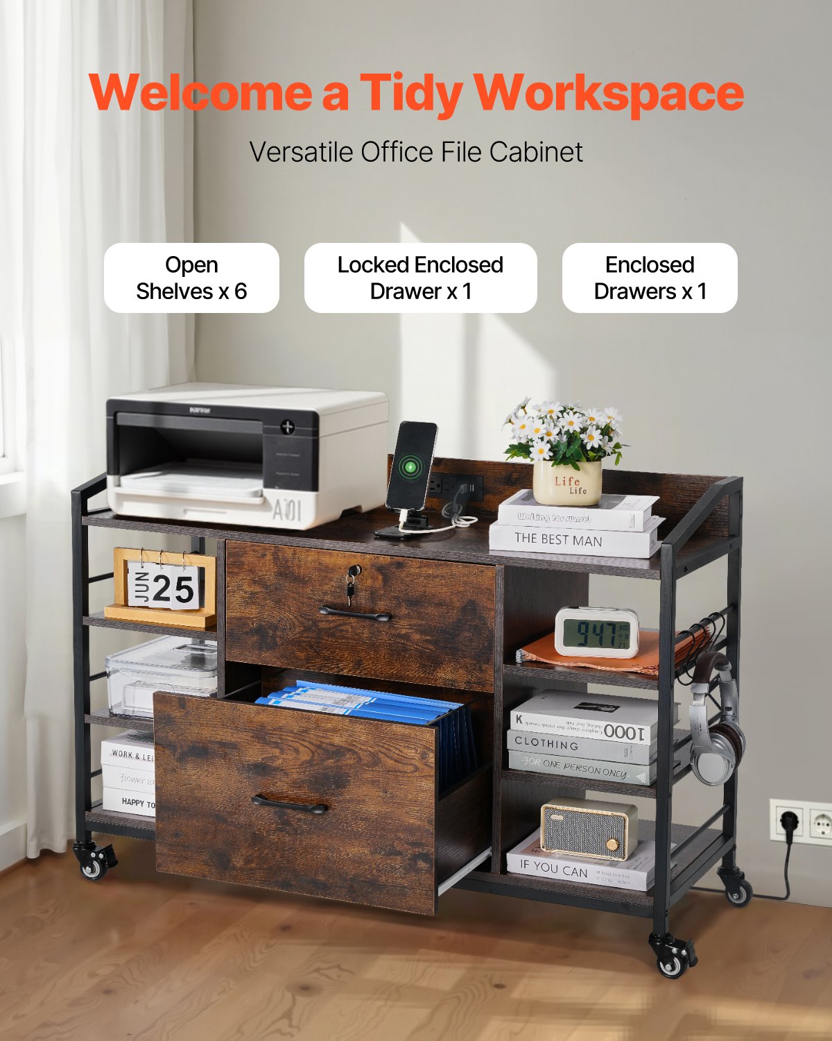 2 Drawers Metal File Cabinet, Lateral Filing Cabinet with Lock and 6 Open Shelves, Wooden Wide Filing Storage Cabinets with Power Strip for Letter, A4, Legal Size File, Easy Assembly, Brown