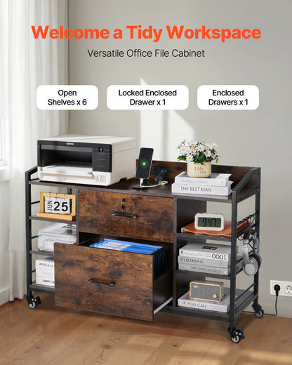 2 Drawers Metal File Cabinet, Lateral Filing Cabinet with Lock and 6 Open Shelves, Wooden Wide Filing Storage Cabinets with Power Strip for Letter, A4, Legal Size File, Easy Assembly, Brown