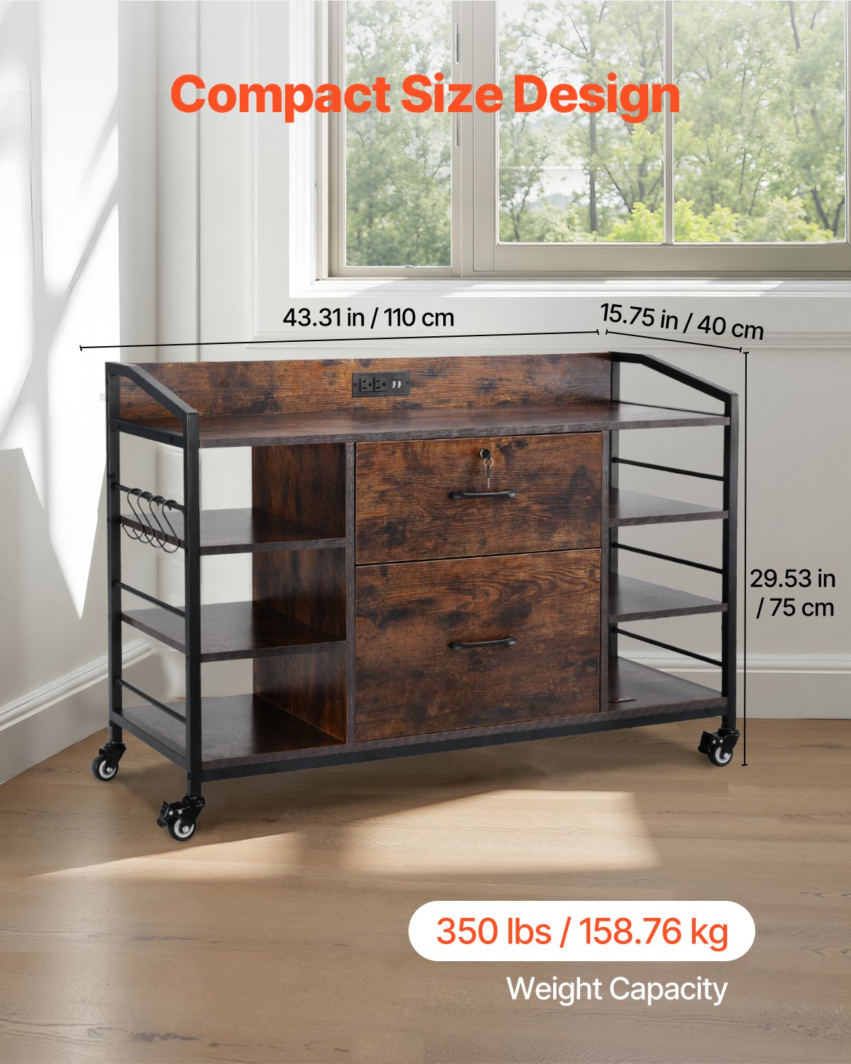 2 Drawers Metal File Cabinet, Lateral Filing Cabinet with Lock and 6 Open Shelves, Wooden Wide Filing Storage Cabinets with Power Strip for Letter, A4, Legal Size File, Easy Assembly, Brown