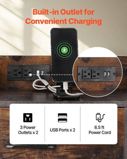 2 Drawers Metal File Cabinet, Lateral Filing Cabinet with Lock and 6 Open Shelves, Wooden Wide Filing Storage Cabinets with Power Strip for Letter, A4, Legal Size File, Easy Assembly, Brown