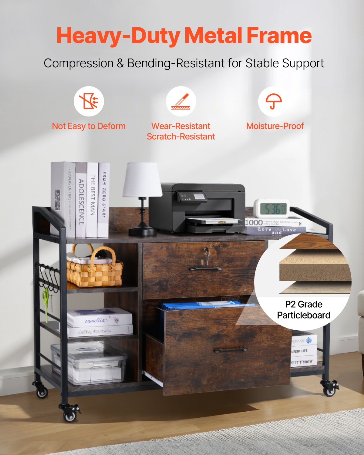 2 Drawers Metal File Cabinet, Lateral Filing Cabinet with Lock and 6 Open Shelves, Wooden Wide Filing Storage Cabinets with Power Strip for Letter, A4, Legal Size File, Easy Assembly, Brown