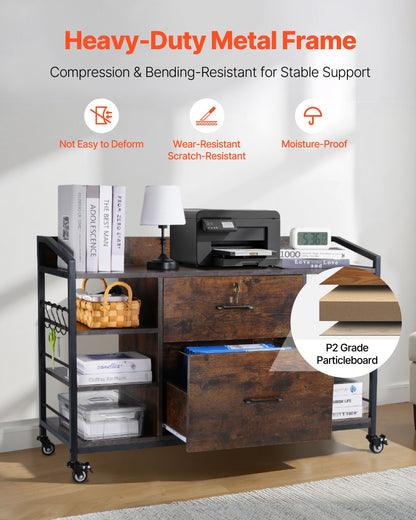 2 Drawers Metal File Cabinet, Lateral Filing Cabinet with Lock and 6 Open Shelves, Wooden Wide Filing Storage Cabinets with Power Strip for Letter, A4, Legal Size File, Easy Assembly, Brown