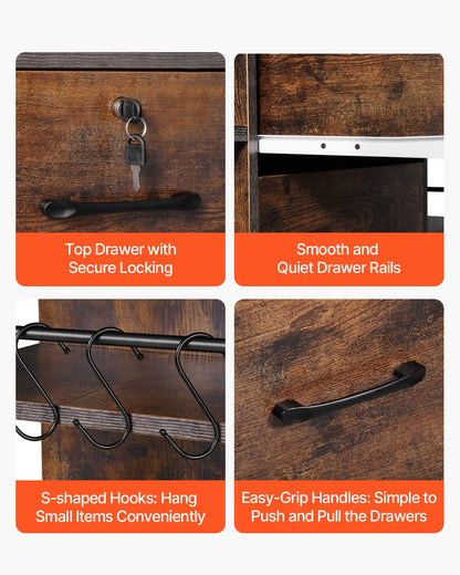 2 Drawers Metal File Cabinet, Lateral Filing Cabinet with Lock and 6 Open Shelves, Wooden Wide Filing Storage Cabinets with Power Strip for Letter, A4, Legal Size File, Easy Assembly, Brown