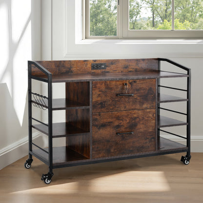 2 Drawers Metal File Cabinet, Lateral Filing Cabinet with Lock and 6 Open Shelves, Wooden Wide Filing Storage Cabinets with Power Strip for Letter, A4, Legal Size File, Easy Assembly, Brown