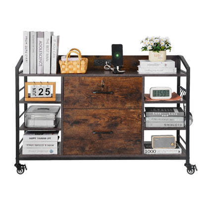 2 Drawers Metal File Cabinet, Lateral Filing Cabinet with Lock and 6 Open Shelves, Wooden Wide Filing Storage Cabinets with Power Strip for Letter, A4, Legal Size File, Easy Assembly, Brown