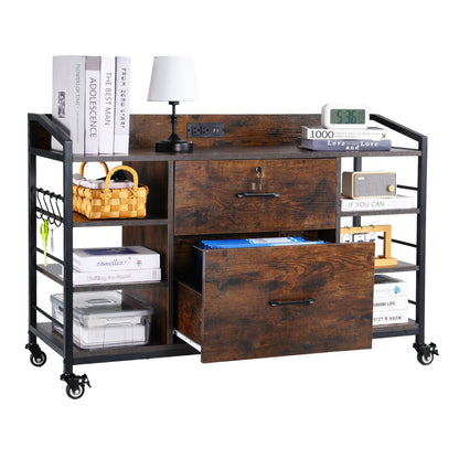 2 Drawers Metal File Cabinet, Lateral Filing Cabinet with Lock and 6 Open Shelves, Wooden Wide Filing Storage Cabinets with Power Strip for Letter, A4, Legal Size File, Easy Assembly, Brown