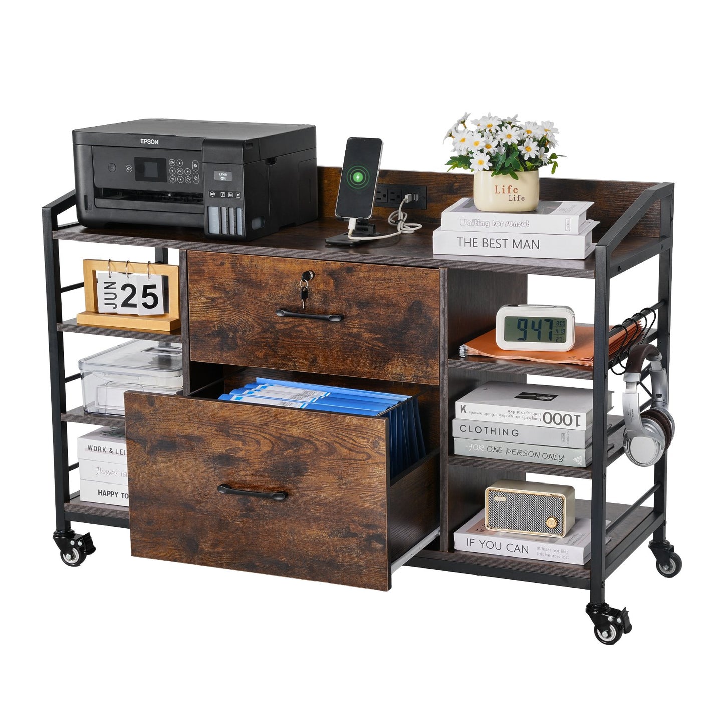 2 Drawers Metal File Cabinet, Lateral Filing Cabinet with Lock and 6 Open Shelves, Wooden Wide Filing Storage Cabinets with Power Strip for Letter, A4, Legal Size File, Easy Assembly, Brown