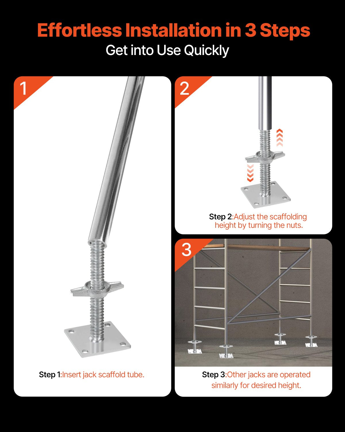 4-Pack Adjustable Leveling Jacks, 18.2 In Adjustable Height & 3307lbs/1500kg Total Load Capacity Scaffold Jacks Feet, Solid Carbon Steel Screw Jacks for Baker-Style Scaffolding Equipment, Silver