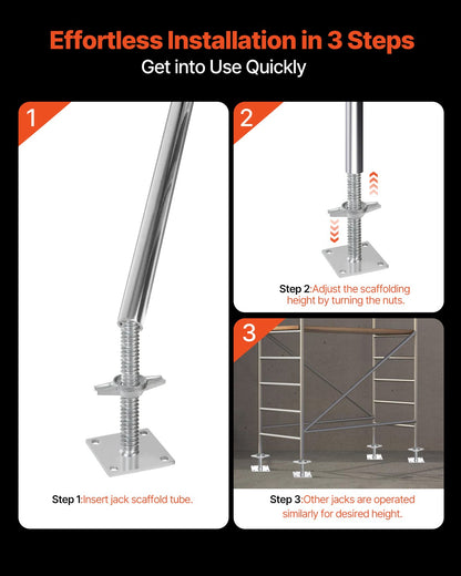 4-Pack Adjustable Leveling Jacks, 18.2 In Adjustable Height & 3307lbs/1500kg Total Load Capacity Scaffold Jacks Feet, Solid Carbon Steel Screw Jacks for Baker-Style Scaffolding Equipment, Silver