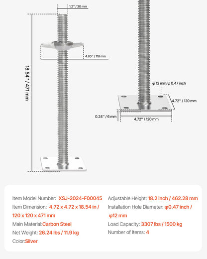 4-Pack Adjustable Leveling Jacks, 18.2 In Adjustable Height & 3307lbs/1500kg Total Load Capacity Scaffold Jacks Feet, Solid Carbon Steel Screw Jacks for Baker-Style Scaffolding Equipment, Silver