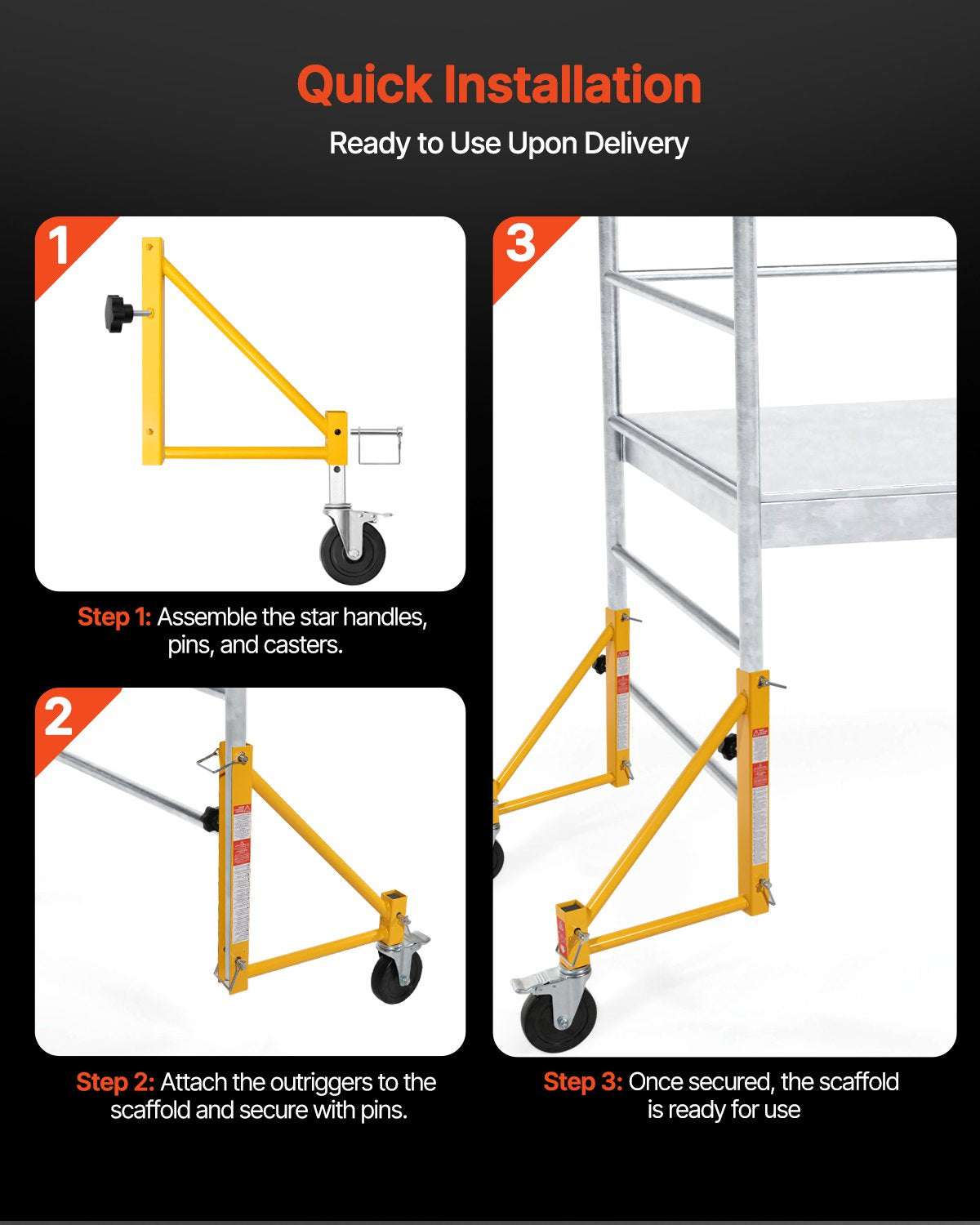 4-Pack Scaffold Outriggers, 1000 lbs Total Load Capacity Baker-Style Scaffolding Accessory with Swivel Casters, Carbon Steel Scaffold Wheel System with Rust Proof Galvanized Surface, Yellow