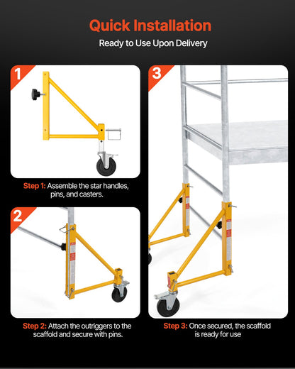 4-Pack Scaffold Outriggers, 1000 lbs Total Load Capacity Baker-Style Scaffolding Accessory with Swivel Casters, Carbon Steel Scaffold Wheel System with Rust Proof Galvanized Surface, Yellow