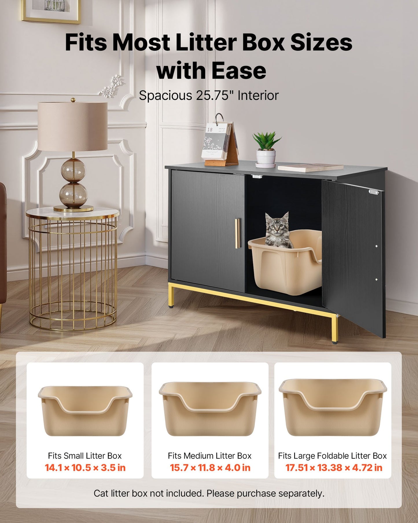 Cat Litter Box Enclosure Furniture, 27.6 in Hidden Litter Box Cabinet with Metal Legs & Handle, Modern Style Cat Washroom House End Table, Fit Most of Litterbox, for Bedroom Living Room