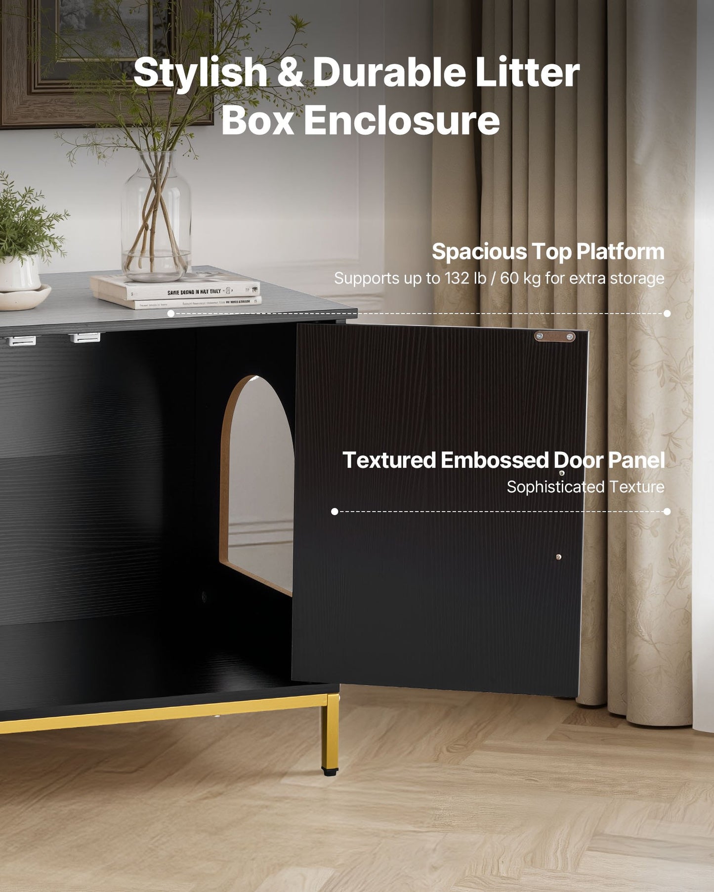 Cat Litter Box Enclosure Furniture, 27.6 in Hidden Litter Box Cabinet with Metal Legs & Handle, Modern Style Cat Washroom House End Table, Fit Most of Litterbox, for Bedroom Living Room