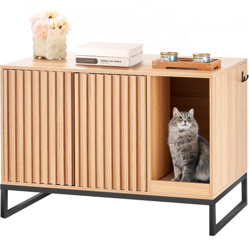 Cat Litter Box Enclosure, Hidden Litter Box Furniture, Wooden Cat Washroom Indoor with 2 Doors & Study Metal Legs, Cat House Cabinet Hidden Fit Most of Litter Box, 31.5"L x 20"W x 22"H, Natural